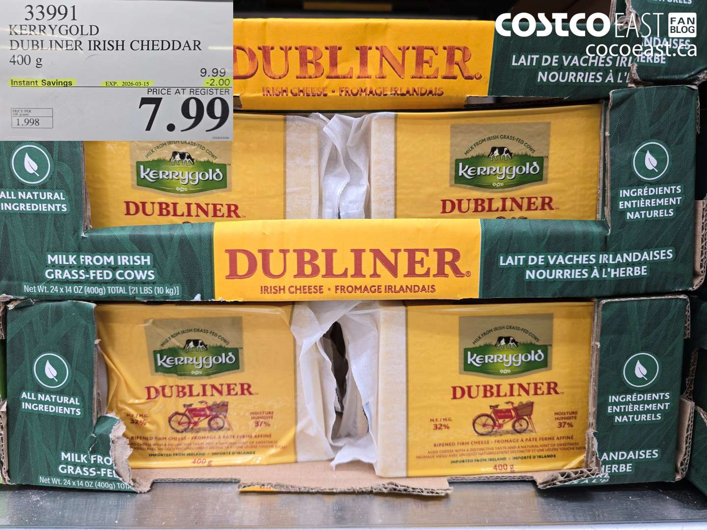 33991 KERRYGOLD DUBLINER IRISH CHEDDAR 400 G ($2.00 INSTANT SAVINGS EXPIRES ON 2026-03-15) $7.99