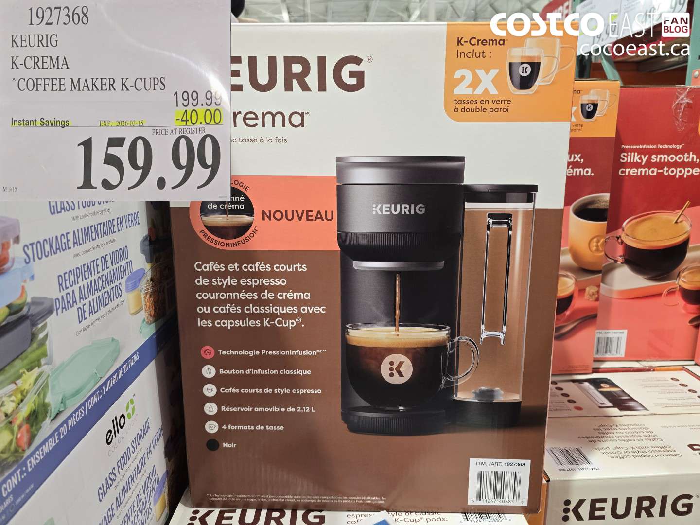 1927368 KEURIG K-CREMA COFFEE MAKER K-CUPS ($40.00 INSTANT SAVINGS EXPIRES ON 2026-03-15) $159.99