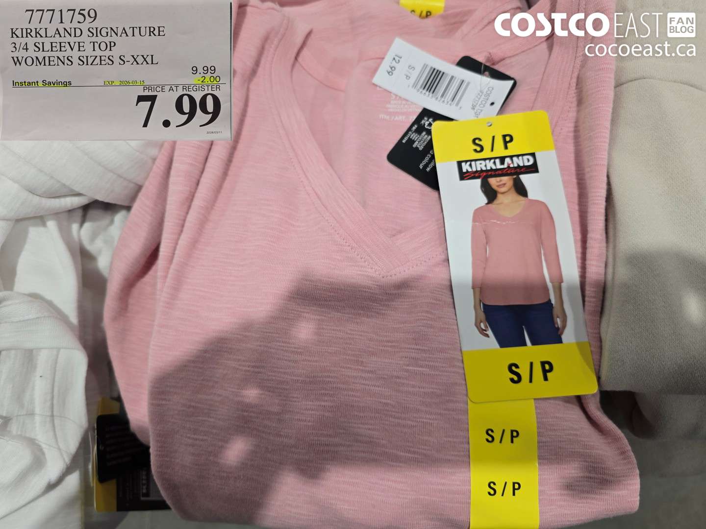 7711759 KIRKLAND SIGNATURE 3/4 SLEEVE TOP WOMENS SIZES S-XXL ($2.00 INSTANT SAVINGS EXPIRES ON 2026-03-15) $7.99