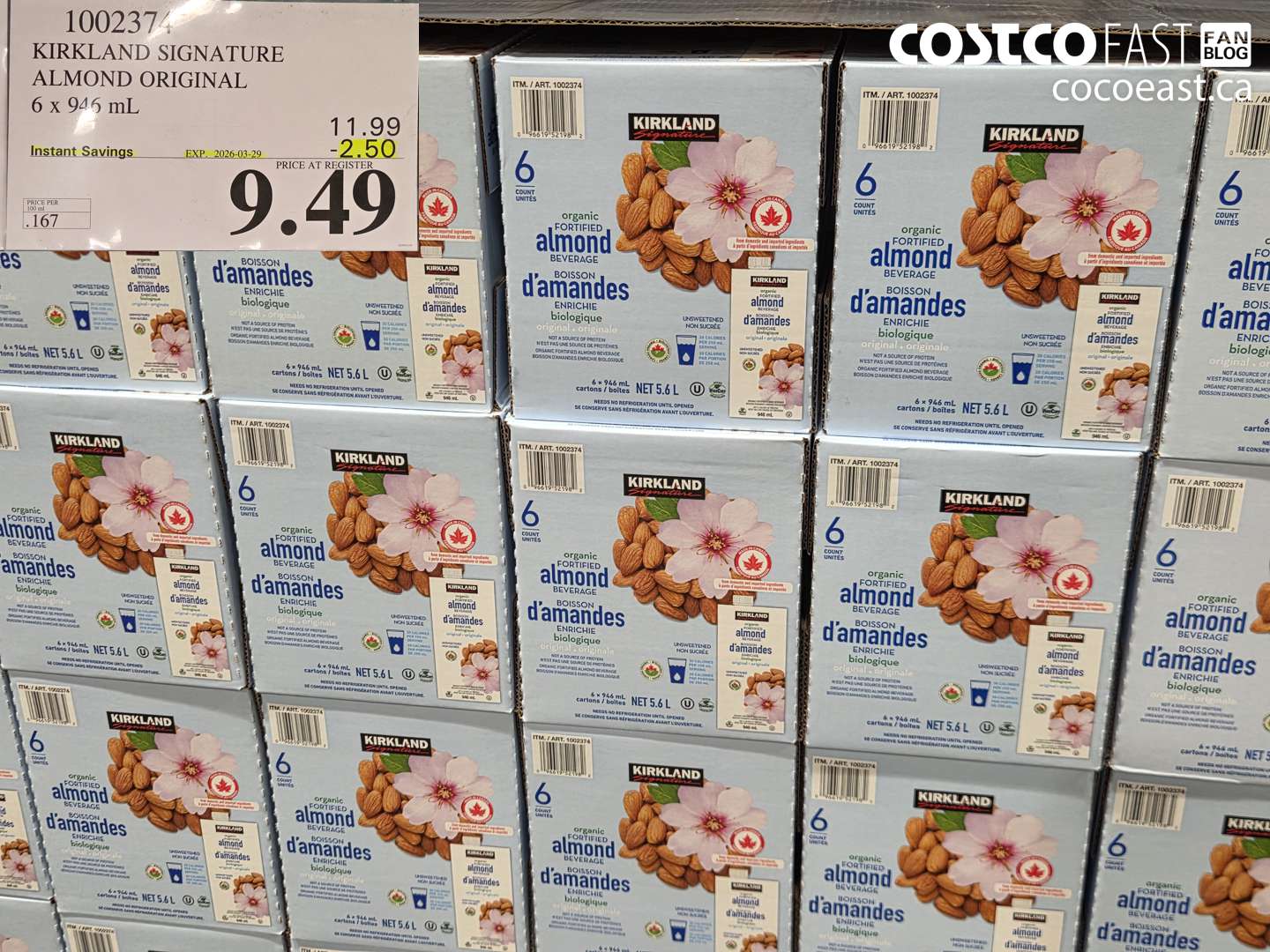 100237 KIRKLAND SIGNATURE ALMOND ORIGINAL 6 X 946 ML ($2.50 INSTANT SAVINGS EXPIRES ON 2026-03-29) $9.49