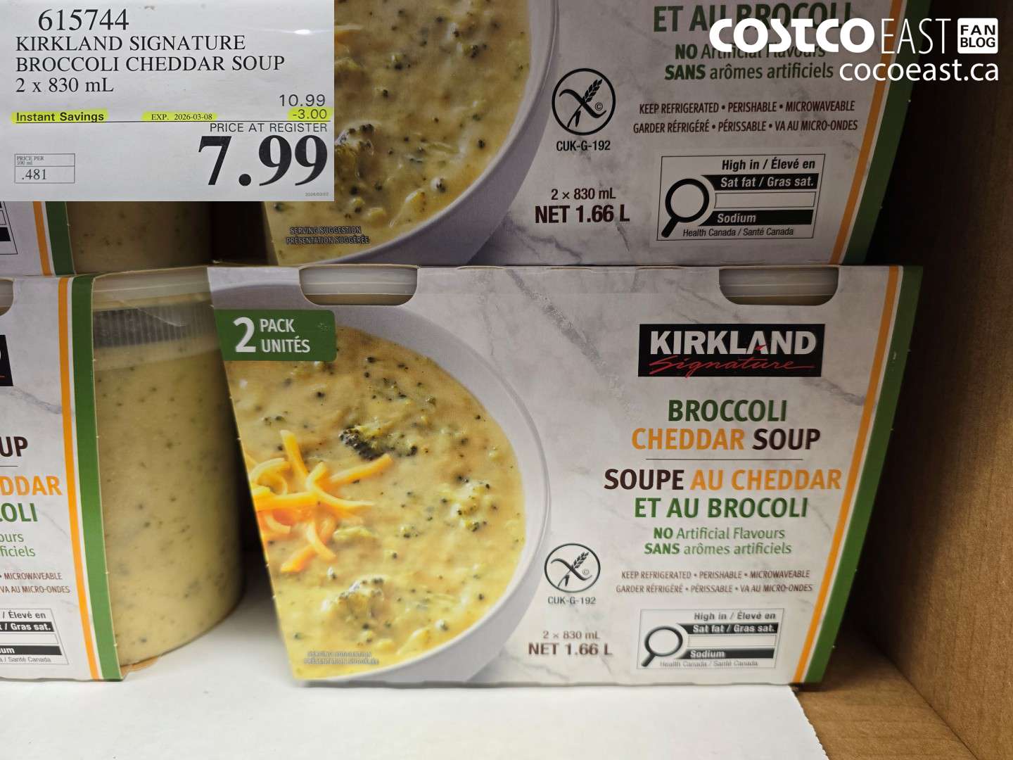 615744 KIRKLAND SIGNATURE BROCCOLI CHEDDAR SOUP 2 X 830 ML ($3.00 INSTANT SAVINGS EXPIRES ON 2026-03-08) $7.99