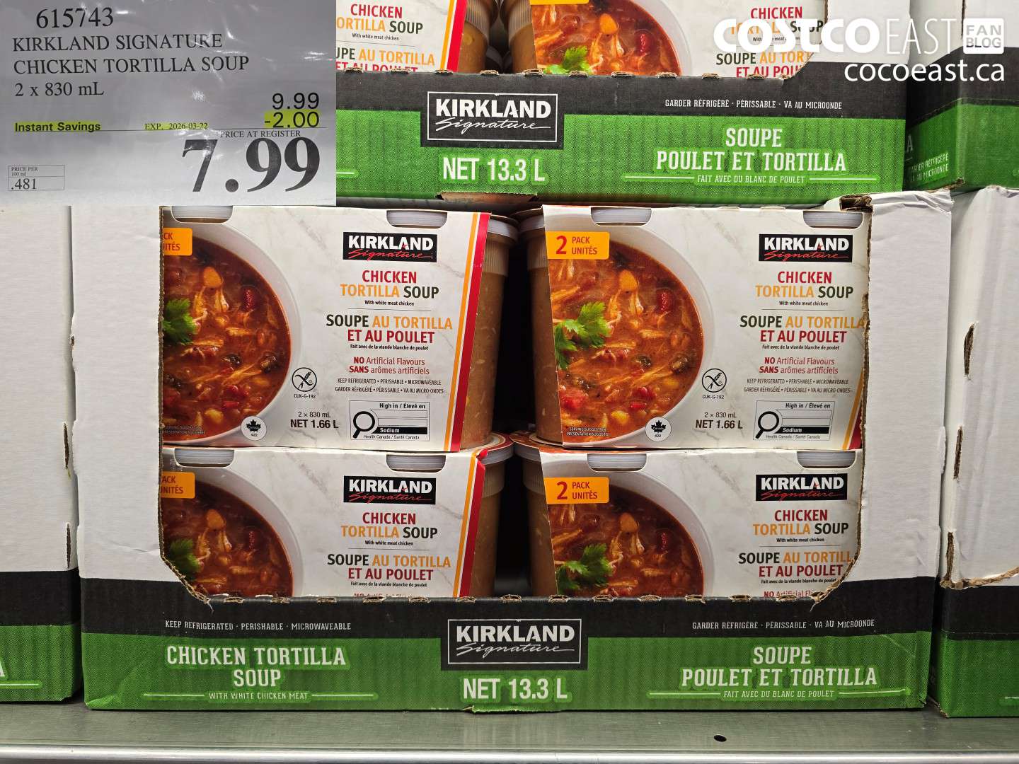 615743 KIRKLAND SIGNATURE CHICKEN TORTILLA SOUP 2 X 830 ML ($2.00 INSTANT SAVINGS EXPIRES ON 2026-03-22) $7.99