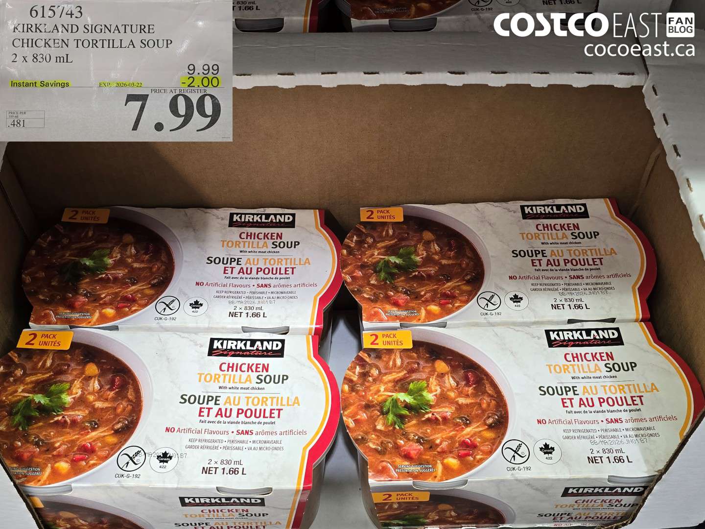 615743 KIRKLAND SIGNATURE CHICKEN TORTILLA SOUP 2 X 830 ML ($2.00 INSTANT SAVINGS EXPIRES ON 2026-03-22) $7.99