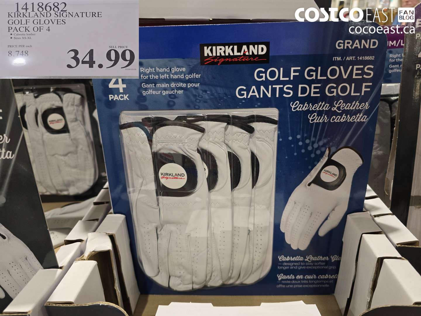 14118682 KIRKLAND SIGNATURE GOLF GLOVES PACK OF 4 $34.99