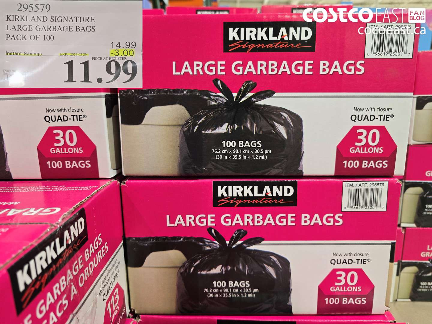 295579 KIRKLAND SIGNATURE LARGE GARBAGE BAGS PACK OF 100 ($3.00 INSTANT SAVINGS EXPIRES ON 2026-03-29) $11.99