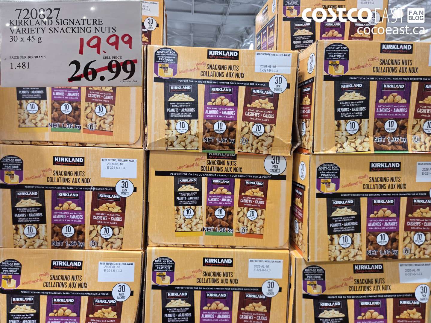 720827 KIRKLAND SIGNATURE VARIETY SNACKING NUTS 30 X 45 G $19.99