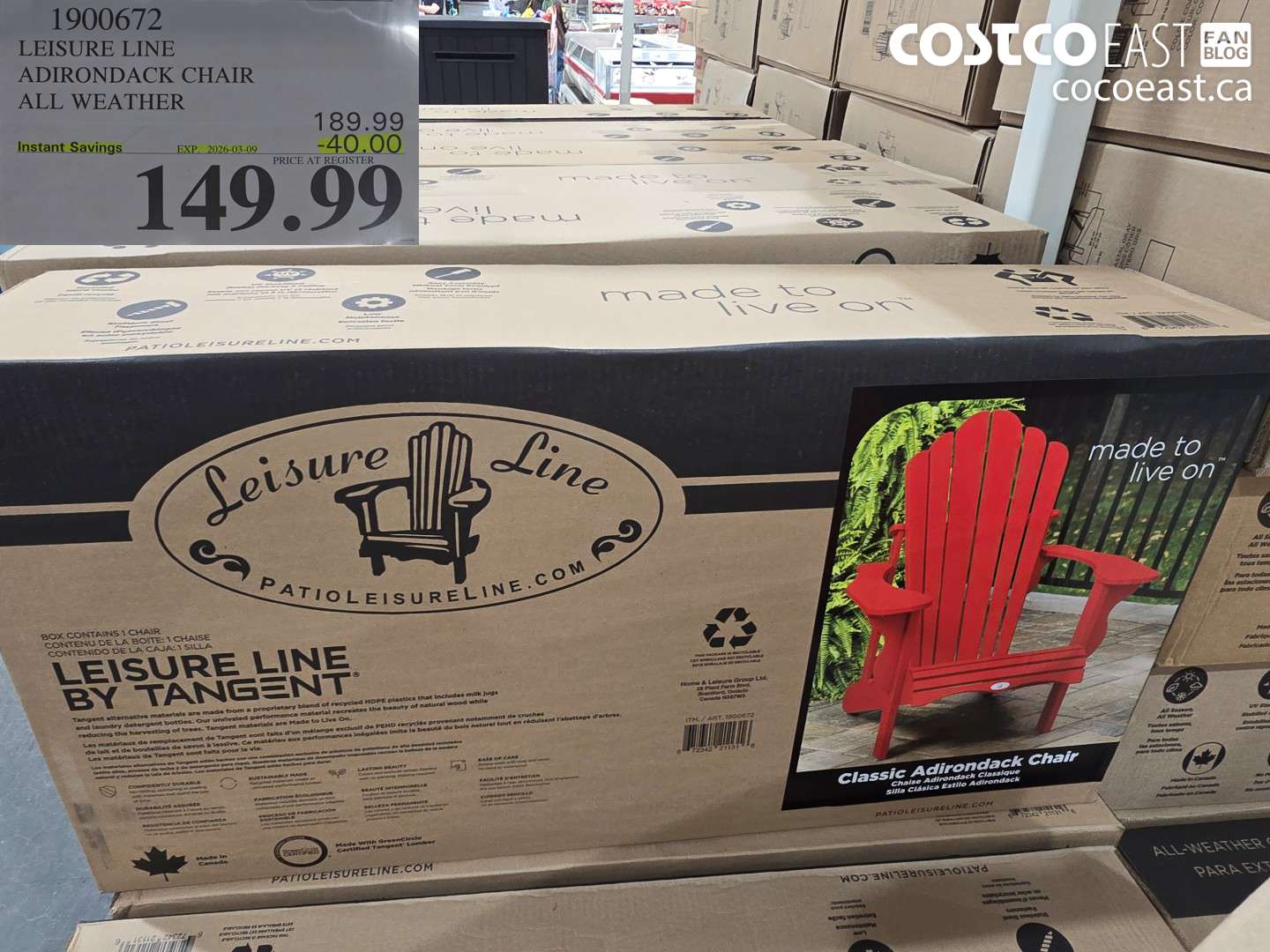 1900672 LEISURE LINE ADIRONDACK CHAIR ALL WEATHER ($40.00 INSTANT SAVINGS EXPIRES ON 2026-03-09) $149.99