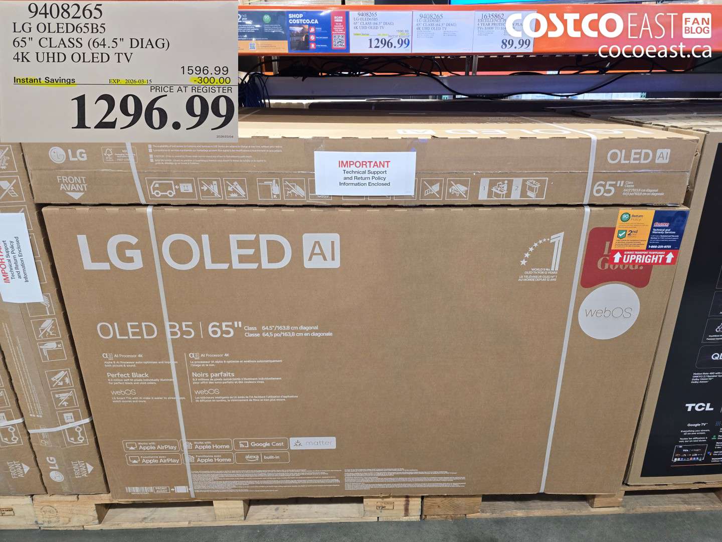 9408265 LG OLED65B5 65 CLASS (64.5 DIAG) 4K UHD OLED TV ($300.00 INSTANT SAVINGS EXPIRES ON 2026-03-15) $1296.99