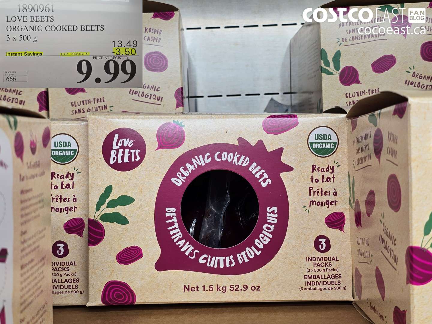 1890961 LOVE BEETS ORGANIC COOKED BEETS 3 X 500G ($3.50 INSTANT SAVINGS EXPIRES ON 2026-03-15) $9.99