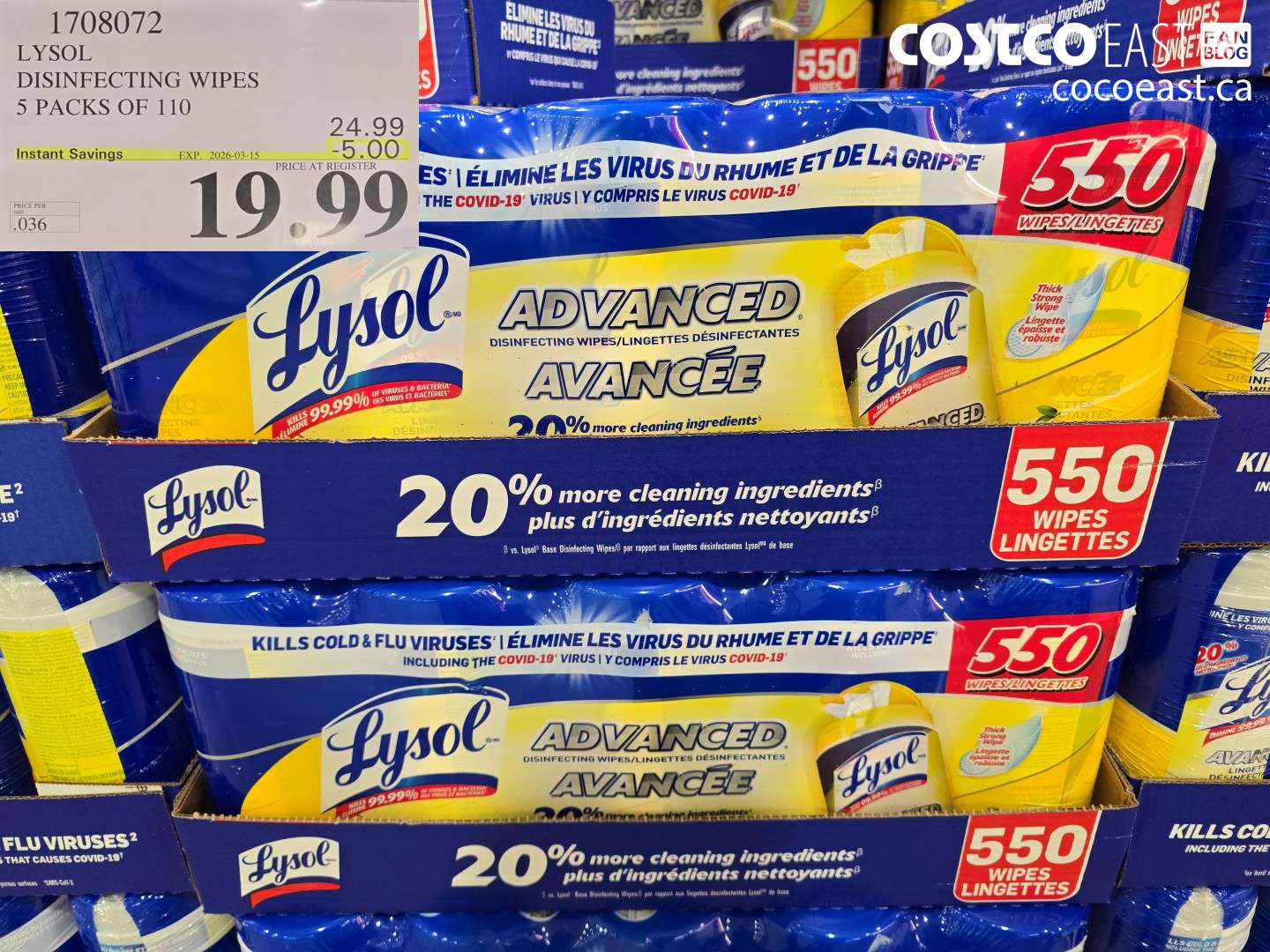1708072 LYSOL DISINFECTING WIPES 5 PACKS OF 110 ($5.00 INSTANT SAVINGS EXPIRES ON 2026-03-15) $19.99
