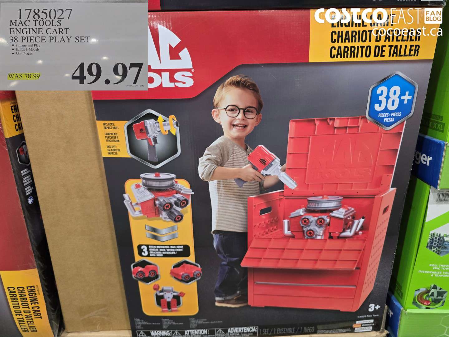 1785027 MAC TOOLS ENGINE CART 38 PIECE PLAY SET $49.97