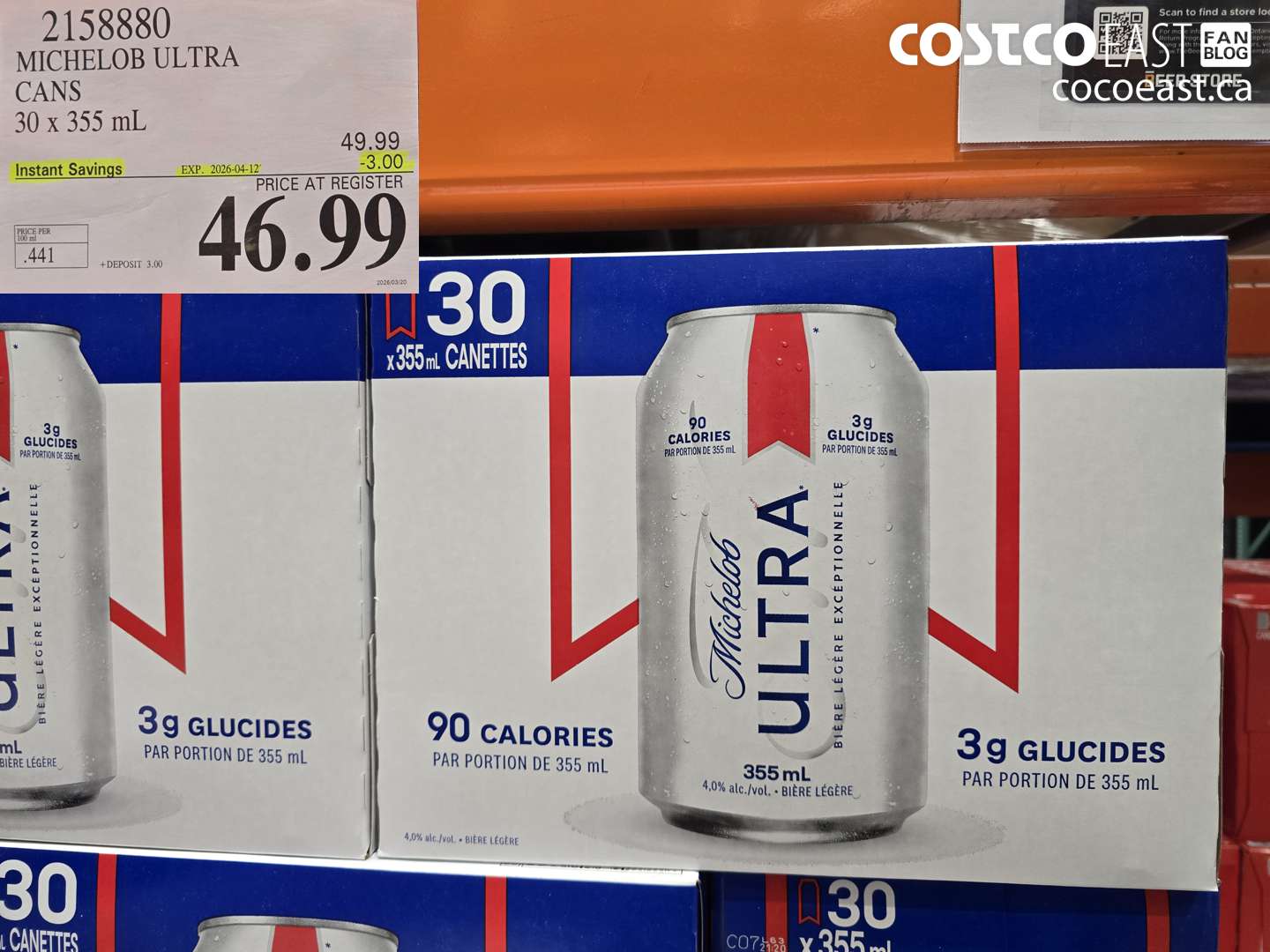 2158880 MICHELOB ULTRA CANS 30 X 355 ML ($3.00 INSTANT SAVINGS EXPIRES ON 2026-04-12) $46.99