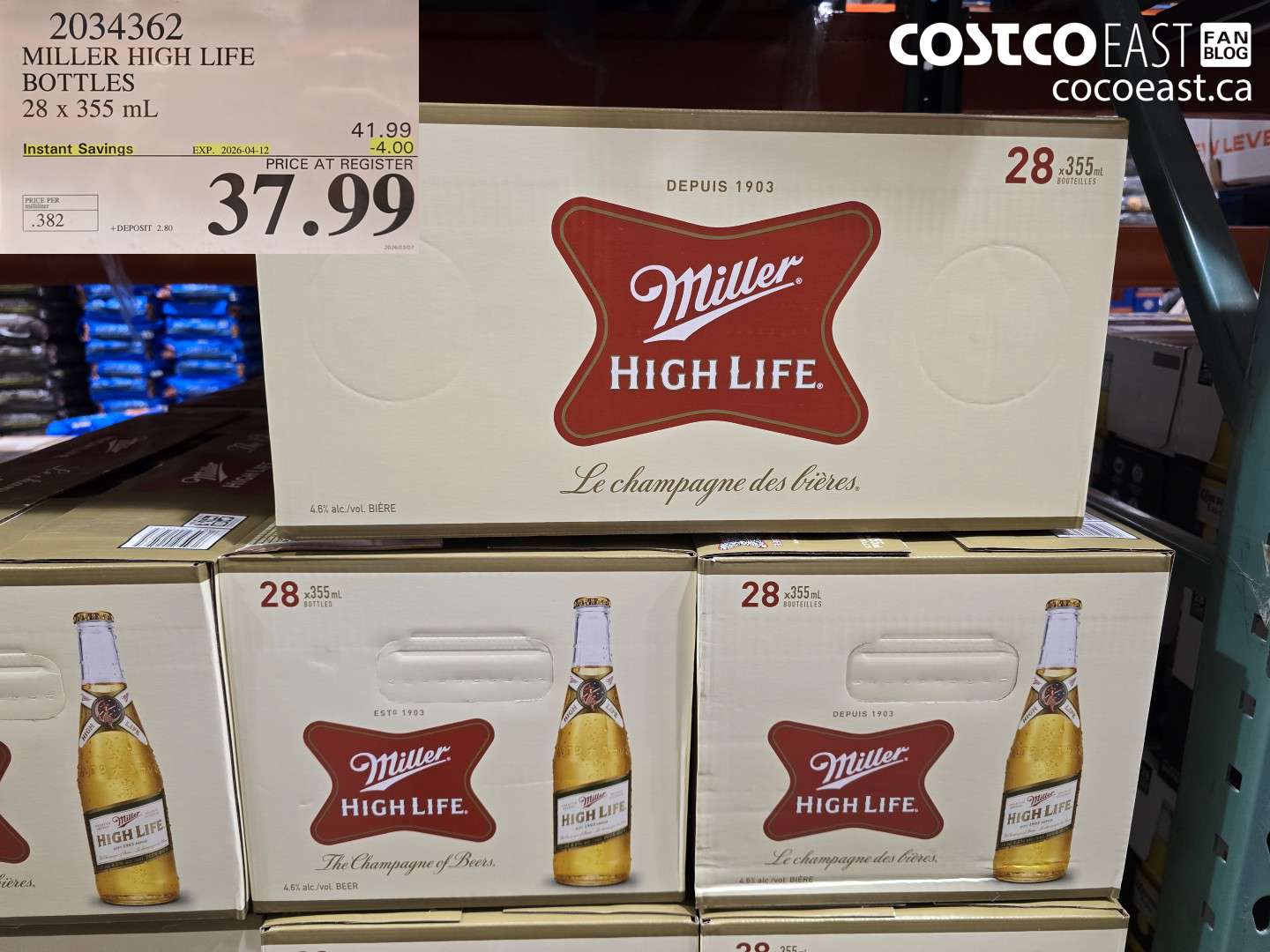 2034362 MILLER HIGH LIFE BOTTLES 28 X 355 ML ($4.00 INSTANT SAVINGS EXPIRES ON 2026-04-12) $37.99