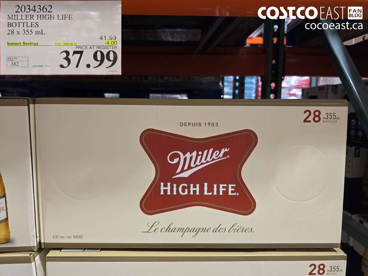 2034362 MILLER HIGH LIFE BOTTLES 28 X 355 ML ($4.00 INSTANT SAVINGS EXPIRES ON 2026-04-12) $37.99