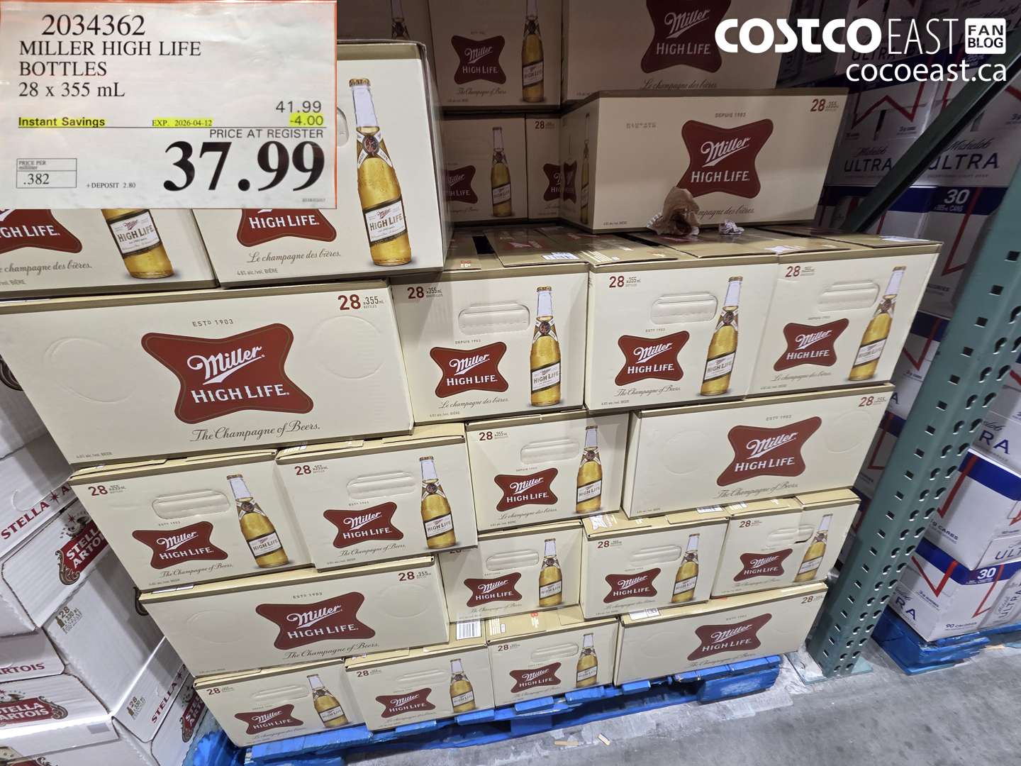 2034362 MILLER HIGH LIFE BOTTLES 28 X 355 ML ($4.00 INSTANT SAVINGS EXPIRES ON 2026-04-12) $37.99