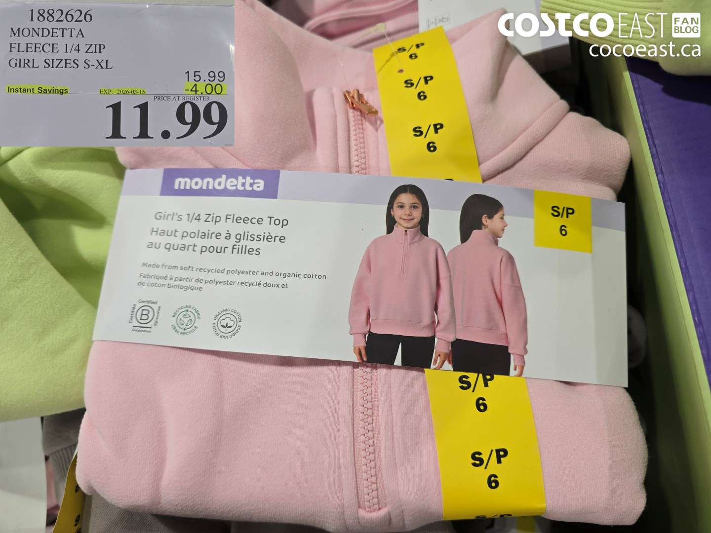 1882626 MONDETTA FLEECE 1/4 ZIP GIRL SIZES S-XL ($4.00 INSTANT SAVINGS EXPIRES ON 2026-03-15) $11.99
