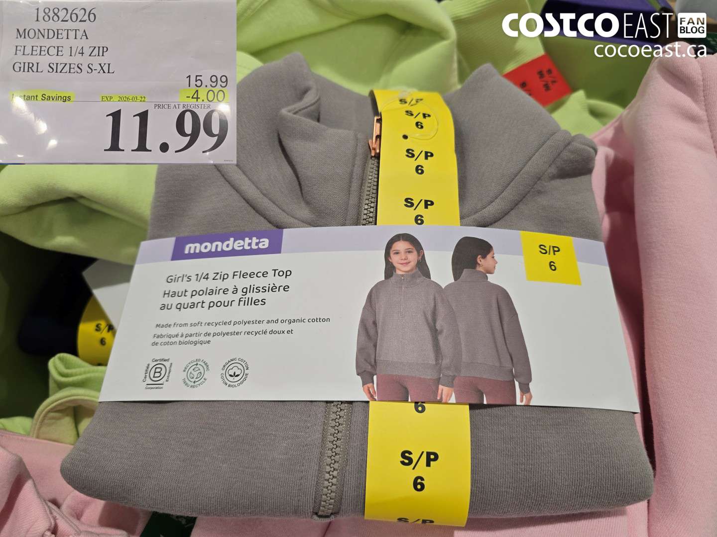 1882626 MONDETTA FLEECE 1/4 ZIP GIRL SIZES S-XL ($4.00 INSTANT SAVINGS EXPIRES ON 2026-03-22) $11.99