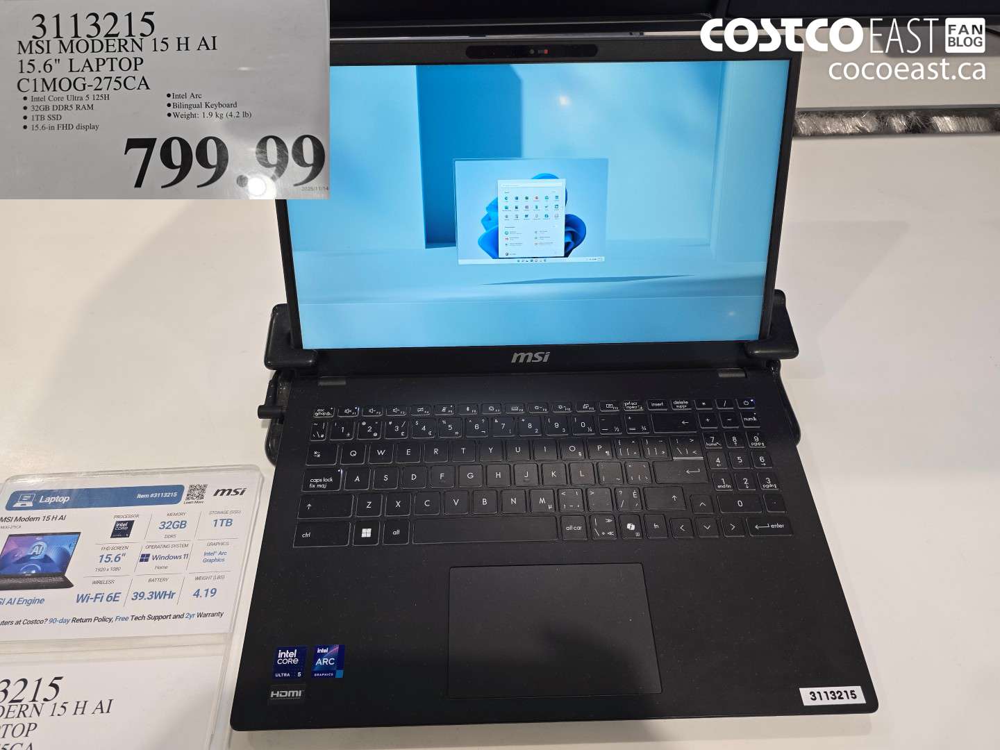 3113215 MSI MODERN 15 H AI 15.6 IN LAPTOP C1MOG-275CA $799.99