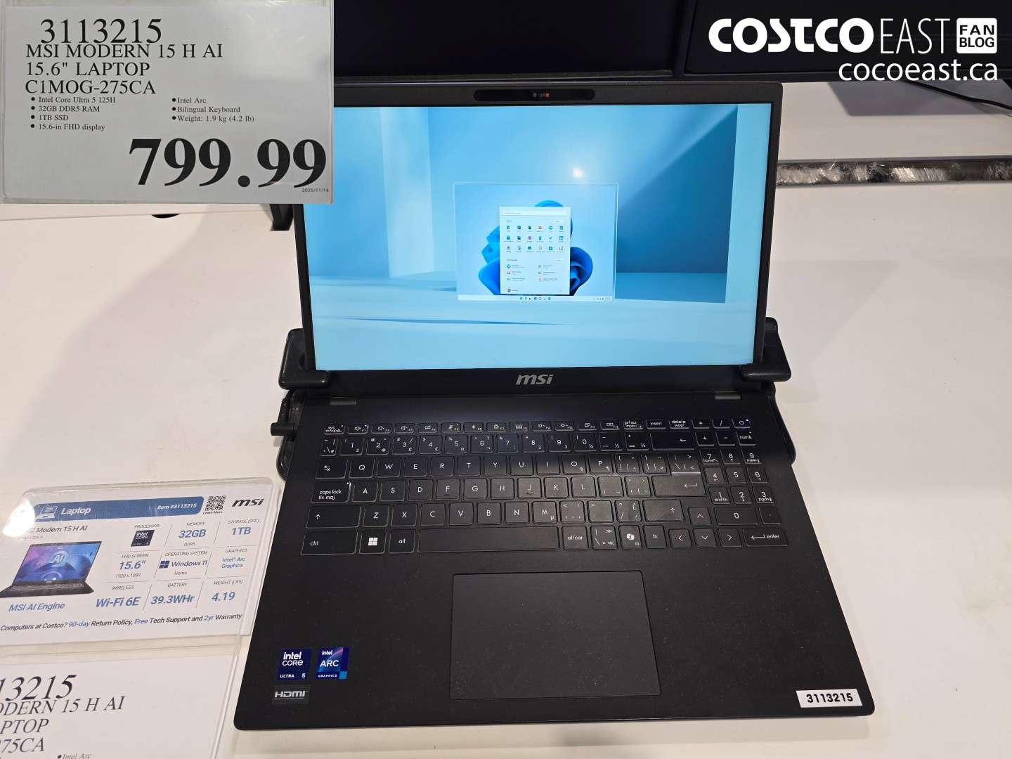 3113215 MSI MODERN 15 H AI 15.6 LAPTOP C1MOG-275CA $799.99