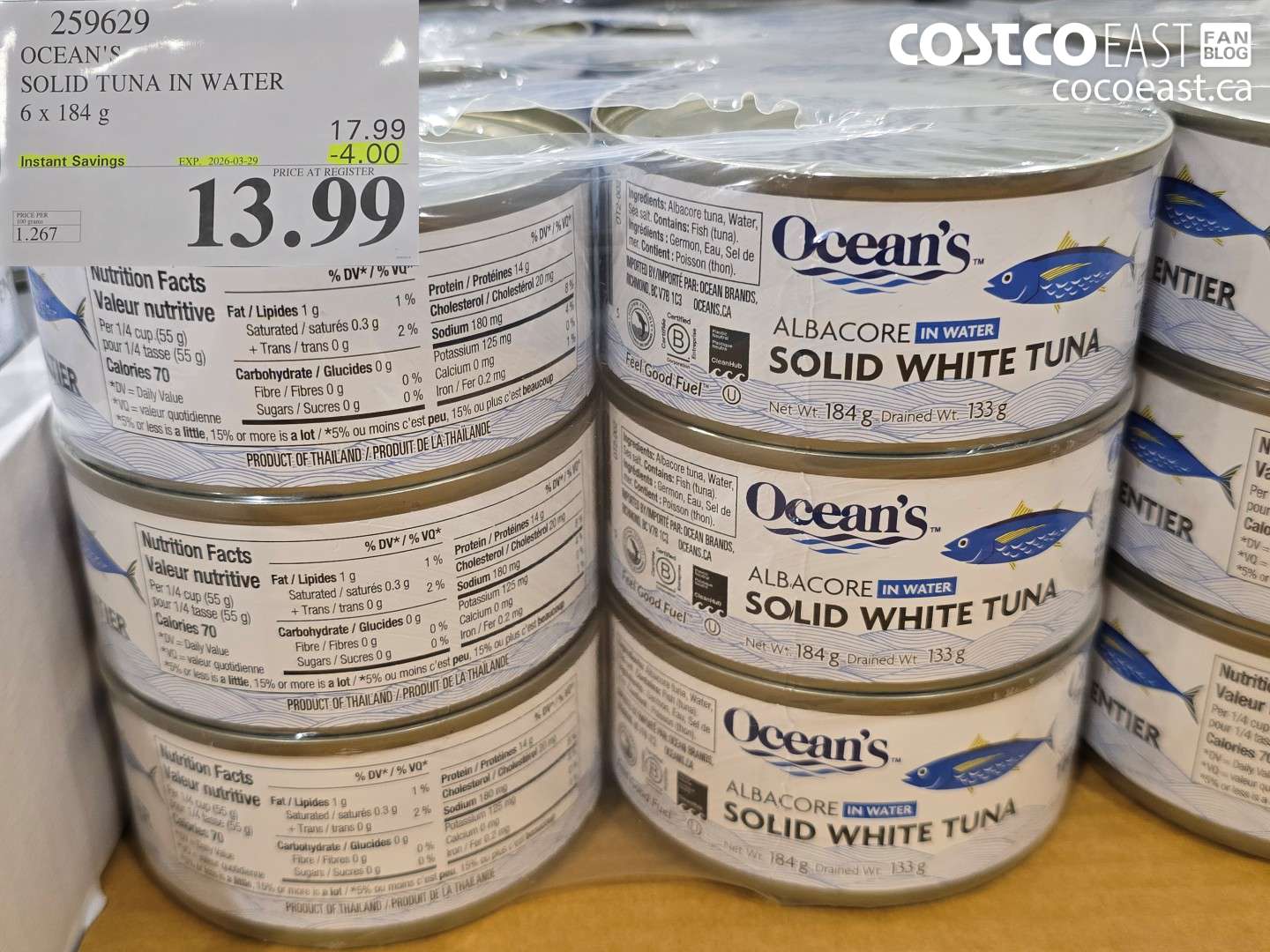 259629 OCEAN'S SOLID TUNA IN WATER 6 X 184 G ($4.00 INSTANT SAVINGS EXPIRES ON 2026-03-29) $13.99