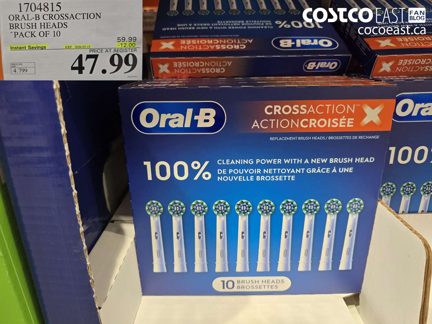 1704815 ORAL-B CROSSACTION BRUSH HEADS PACK OF 10 ($12.00 INSTANT SAVINGS EXPIRES ON 2026-03-15) $47.99