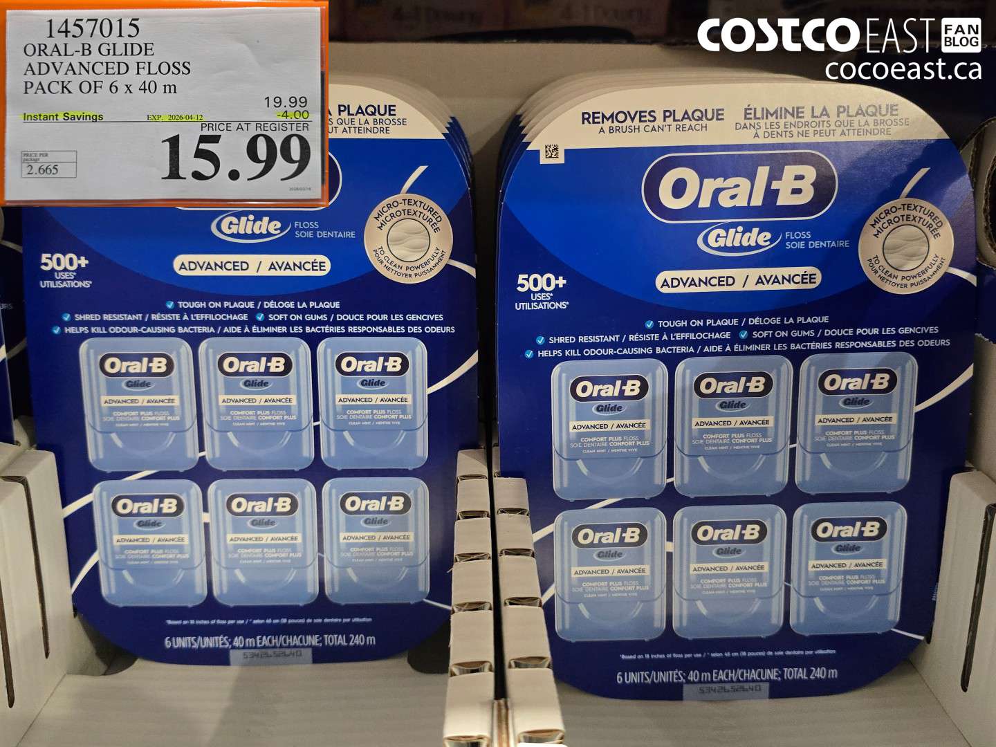 1457015 ORAL-B GLIDE ADVANCED FLOSS PACK OF 6 X 40 M ($4.00 INSTANT SAVINGS EXPIRES ON 2026-04-12) $15.99