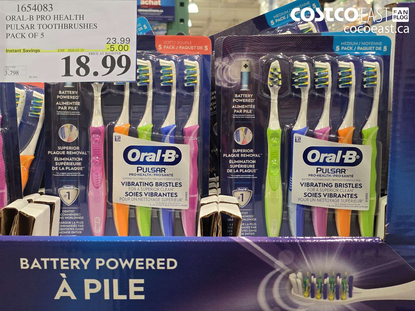1654083 ORAL-B PRO HEALTH PULSAR TOOTHBRUSHES PACK OF 5 ($5.00 INSTANT SAVINGS EXPIRES ON 2026-03-15) $18.99