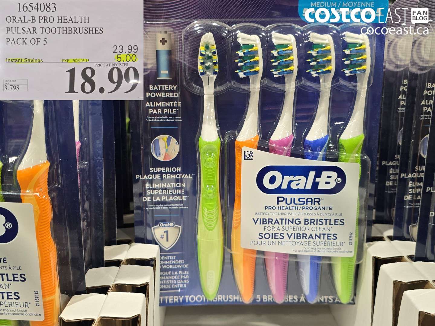 1654083 ORAL-B PRO HEALTH PULSAR TOOTHBRUSHES PACK OF 5 ($5.00 INSTANT SAVINGS EXPIRES ON 2026-03-15) $18.99