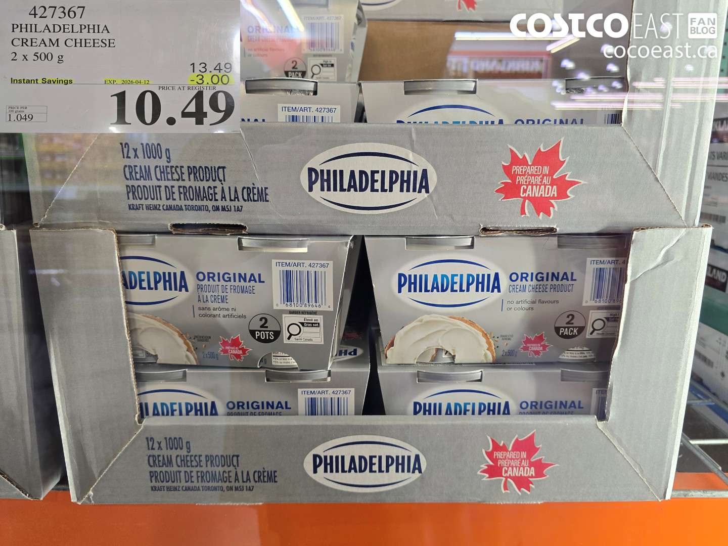 427367 PHILADELPHIA CREAM CHEESE 2 X 500 G ($3.00 INSTANT SAVINGS EXPIRES ON 2026-04-12) $10.49