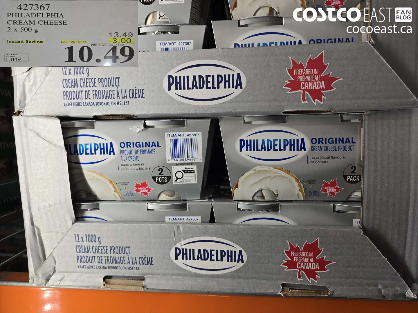 427367 PHILADELPHIA CREAM CHEESE 2 X 500 G ($3.00 INSTANT SAVINGS EXPIRES ON 2026-04-12) $10.49
