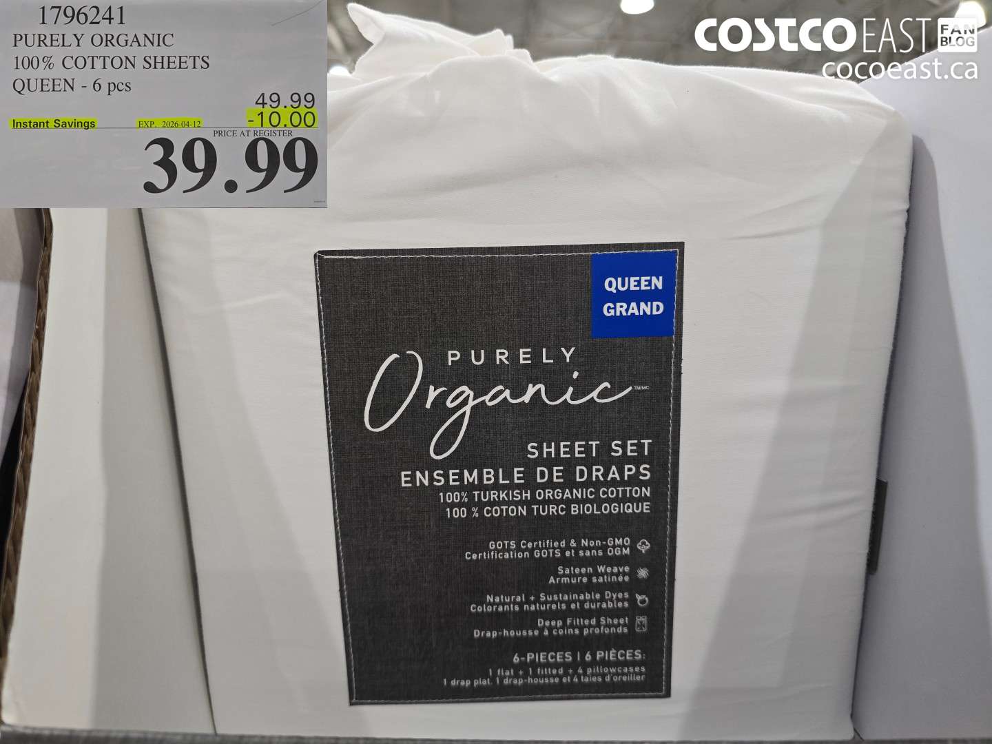 1796241 PURELY ORGANIC 100% COTTON SHEETS QUEEN - 6 PCS ($10.00 INSTANT SAVINGS EXPIRES ON 2026-04-12) $39.99
