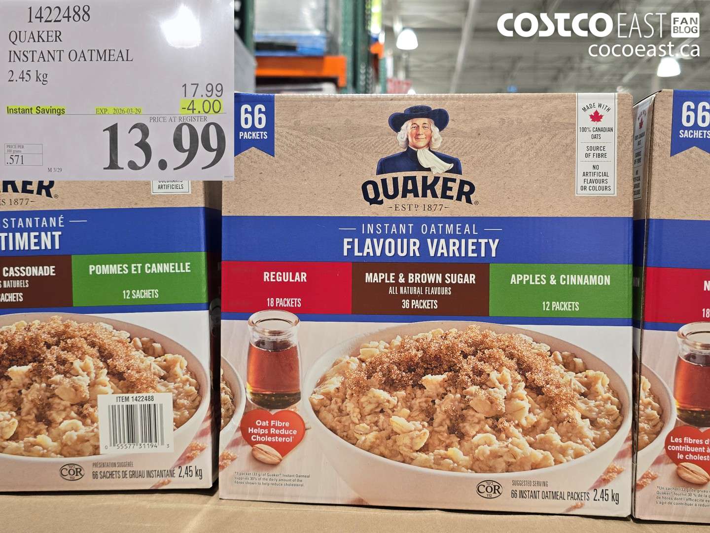 1422488 QUAKER INSTANT OATMEAL 2.45 KG ($4.00 INSTANT SAVINGS EXPIRES ON 2026-03-29) $13.99