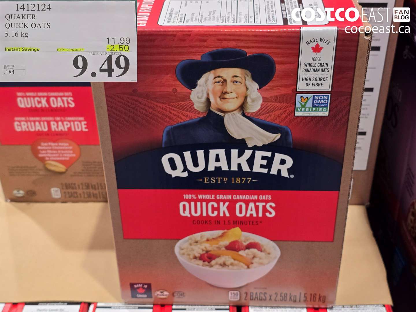 1412124 QUAKER QUICK OATS 5.16 KG ($2.50 INSTANT SAVINGS EXPIRES ON 2026-04-12) $9.49