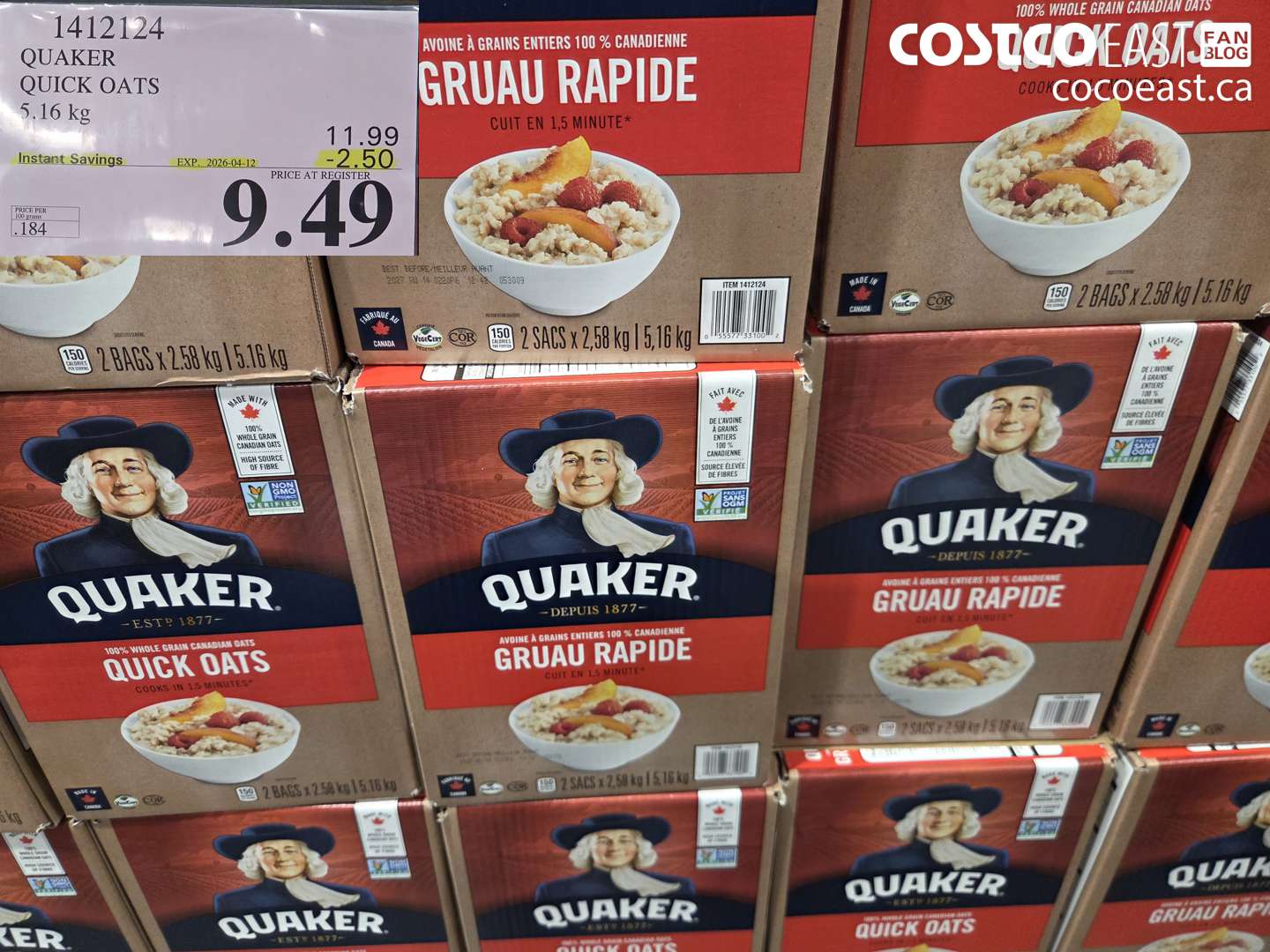 1412124 QUAKER QUICK OATS 5.16 KG ($2.50 INSTANT SAVINGS EXPIRES ON 2026-04-12) $9.49
