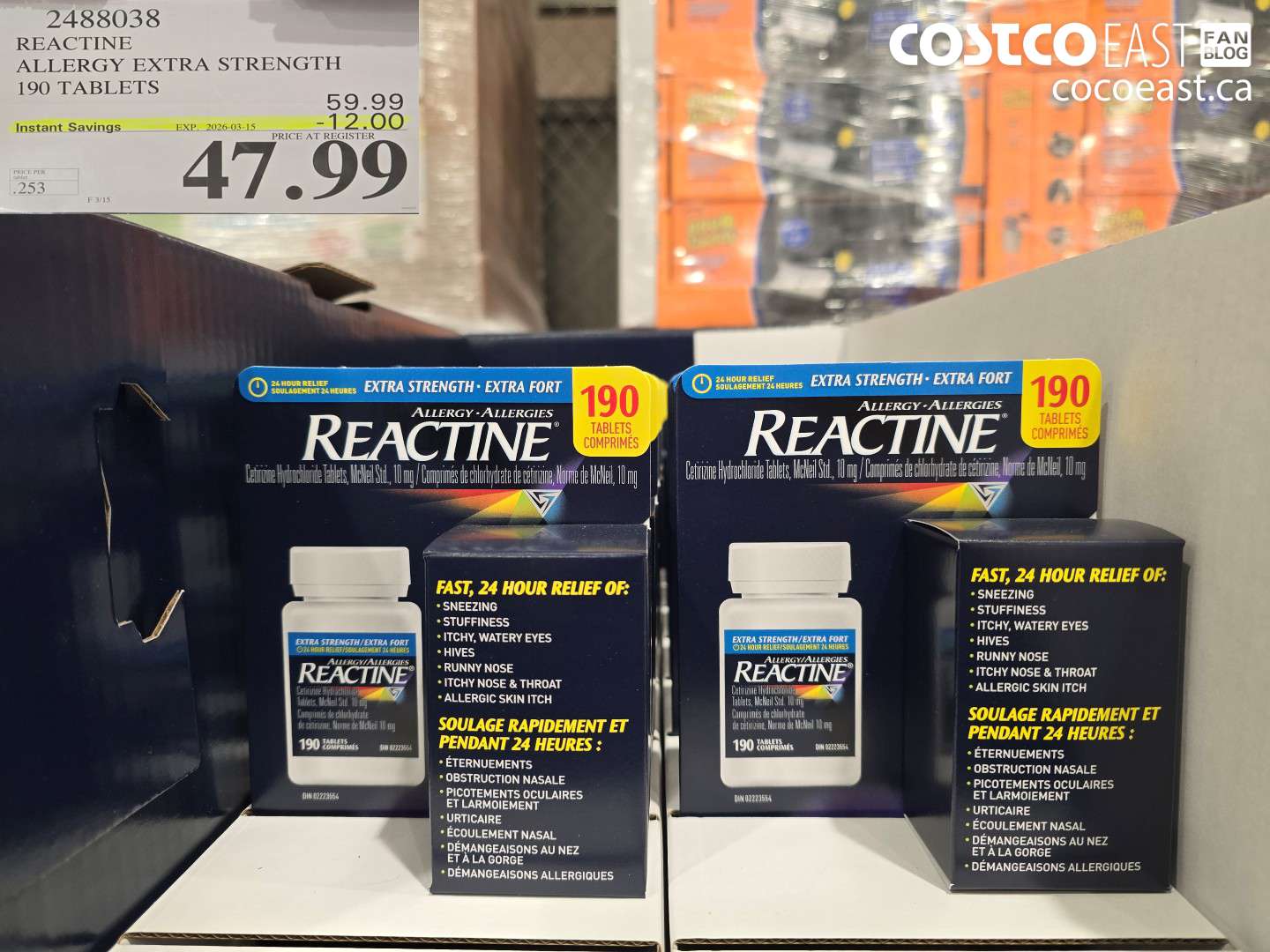 2488038 REACTINE ALLERGY EXTRA STRENGTH 190 TABLETS ($12.00 INSTANT SAVINGS EXPIRES ON 2026-03-15) $47.99