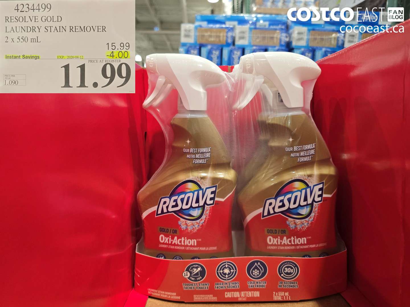 4234499 RESOLVE GOLD LAUNDRY STAIN REMOVER 2 X 550 ML ($4.00 INSTANT SAVINGS EXPIRES ON 2026-04-12) $11.99