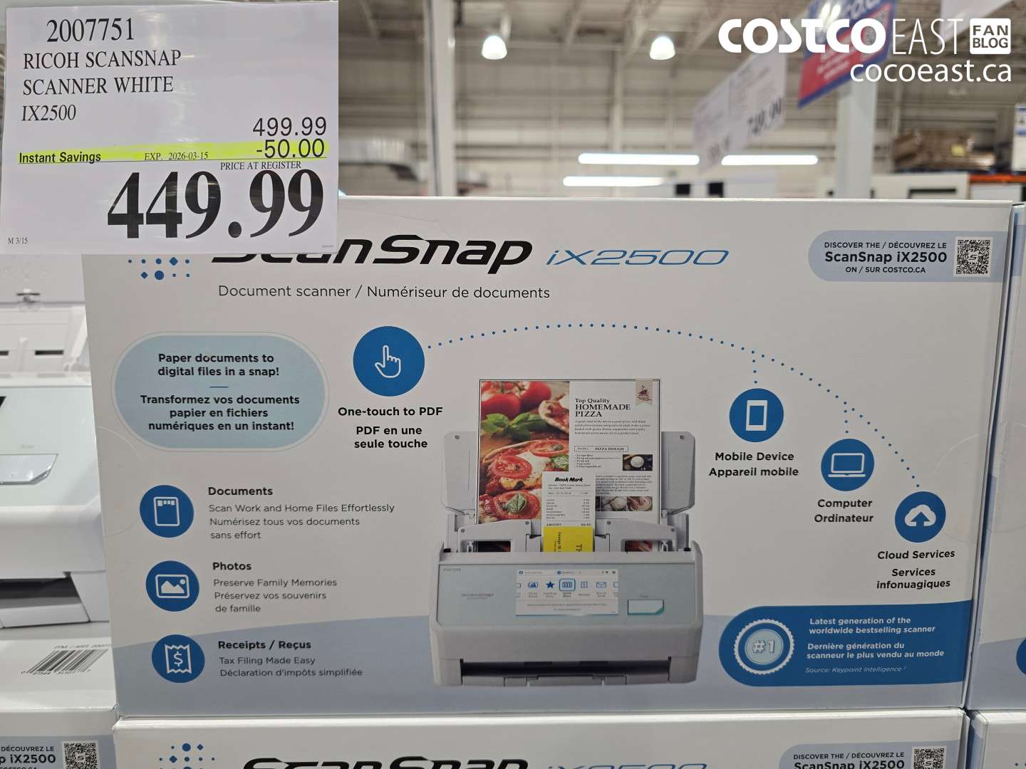 2007751 RICOH SCANSNAP SCANNER WHITE IX2500 ($50.00 INSTANT SAVINGS EXPIRES ON 2026-03-15) $449.99