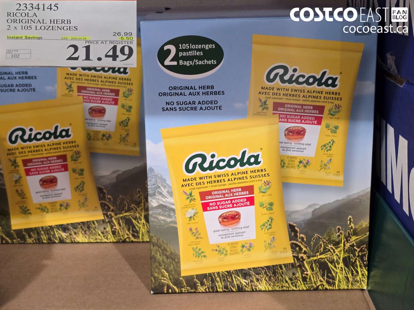 2334145 RICOLA ORIGINAL HERB 2 X 105 LOZENGES ($5.50 INSTANT SAVINGS EXPIRES ON 2026-03-29) $21.49