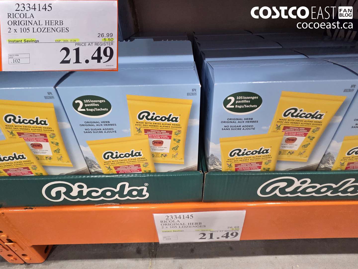 2334145 RICOLA ORIGINAL HERB 2 X 105 LOZENGES ($5.50 INSTANT SAVINGS EXPIRES ON 2026-03-29) $21.49