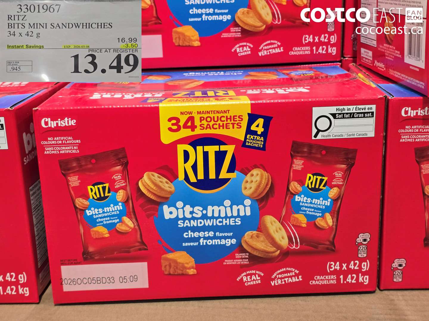 3301967 RITZ BITS MINI SANDWHICHES 34 X 42 G ($3.50 INSTANT SAVINGS EXPIRES ON 2026-03-08) $13.49
