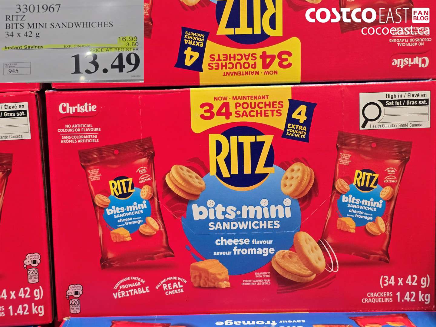 3301967 RITZ BITS MINI SANDWICHES 34 X 42 G ($3.50 INSTANT SAVINGS EXPIRES ON 2026-03-08) $13.49