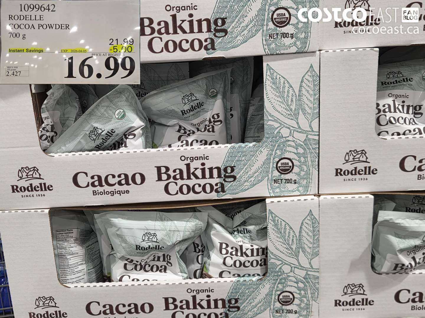 1099642 RODELLE COCOA POWDER 700 G ($5.00 INSTANT SAVINGS EXPIRES ON 2026-04-05) $16.99