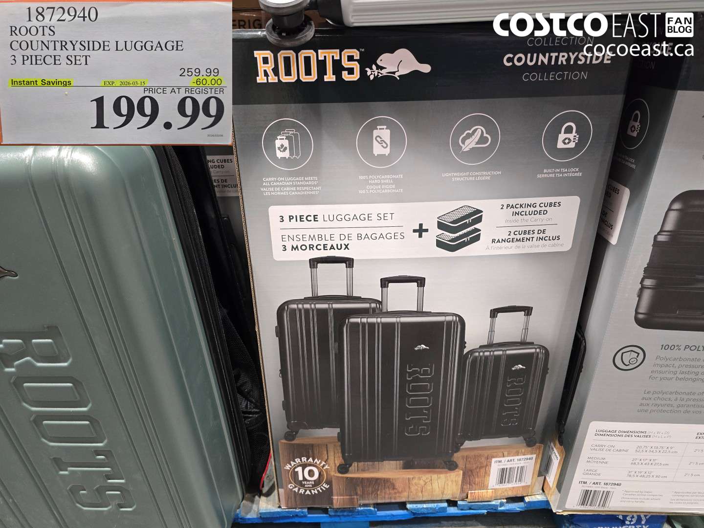 1872940 ROOTS COUNTRYSIDE LUGGAGE 3 PIECE SET ($60.00 INSTANT SAVINGS EXPIRES ON 2026-03-15) $199.99