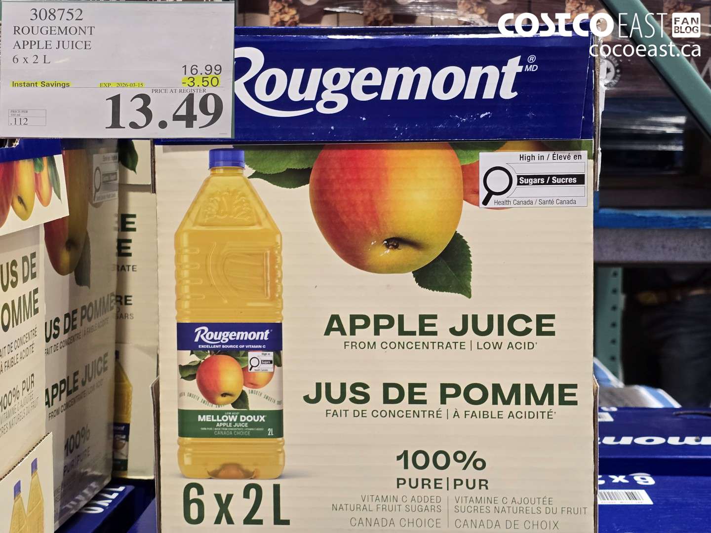 308752 ROUGEMONT APPLE JUICE 6 X 2 L ($3.50 INSTANT SAVINGS EXPIRES ON 2026-03-15) $13.49