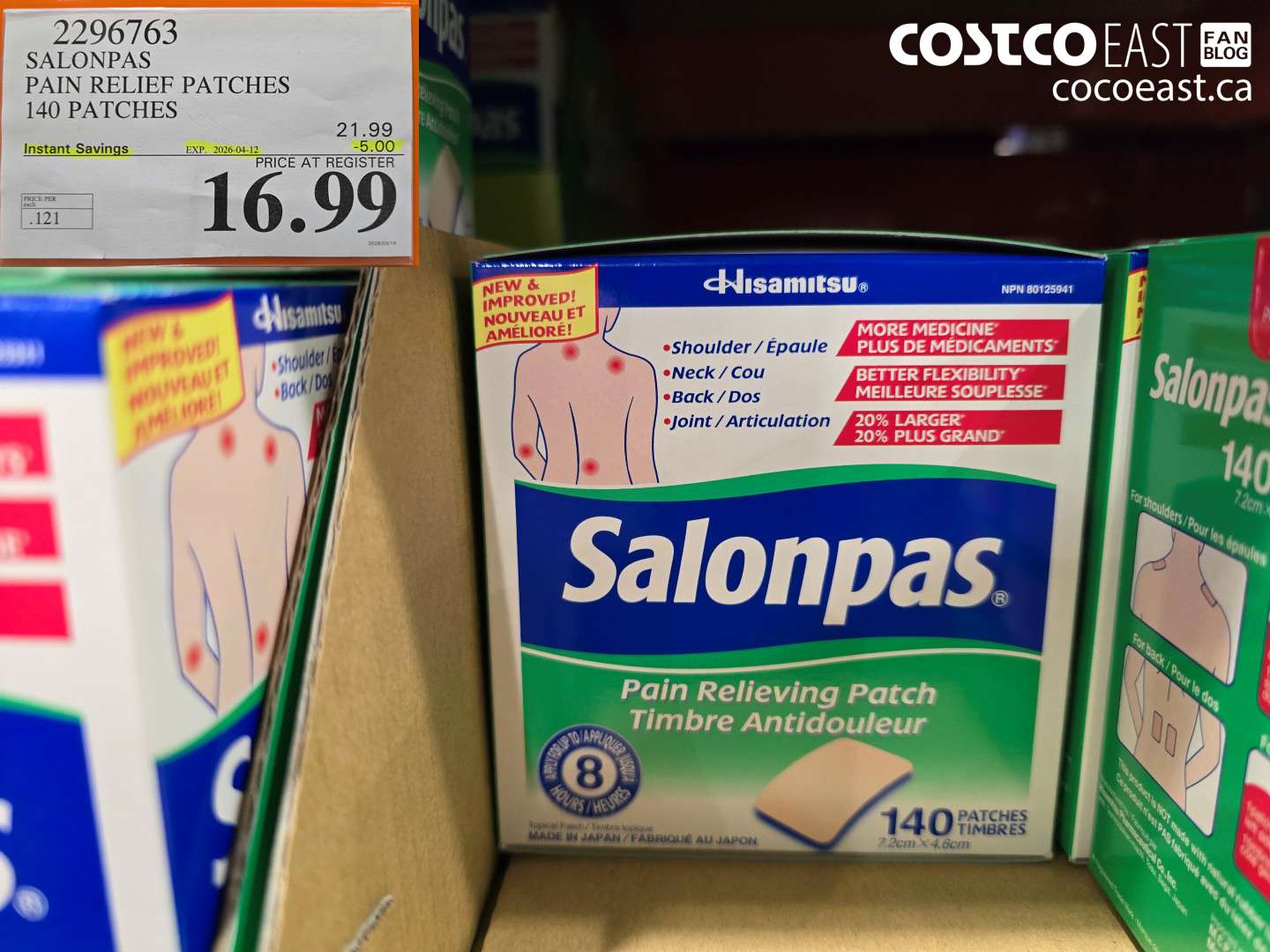2296763 SALONPAS PAIN RELIEF PATCHES 140 PATCHES ($5.00 INSTANT SAVINGS EXPIRES ON 2026-04-12) $16.99