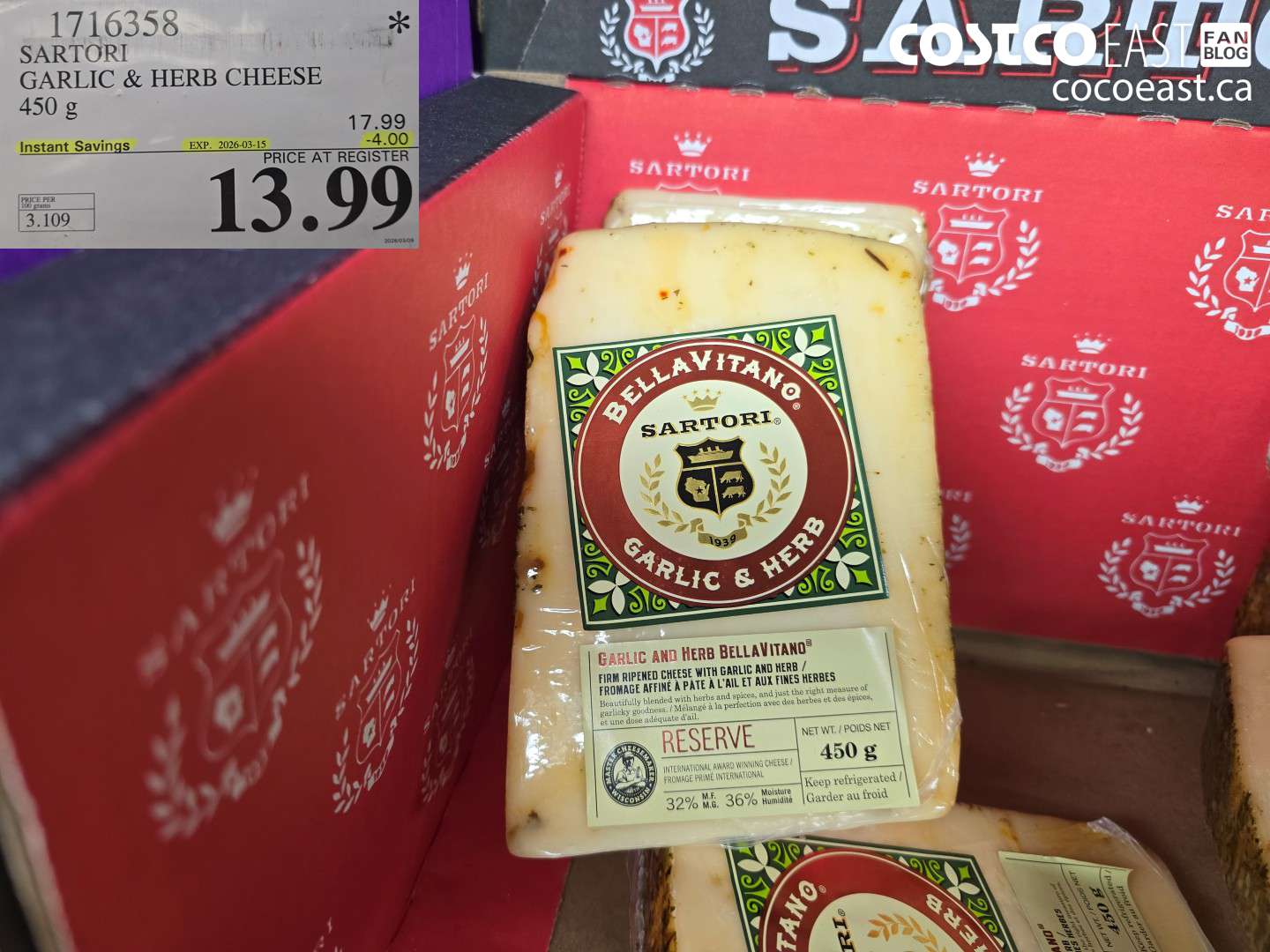 1716358 SARTORI GARLIC & HERB CHEESE 450 G ($4.00 INSTANT SAVINGS EXPIRES ON 2026-03-15) $13.99