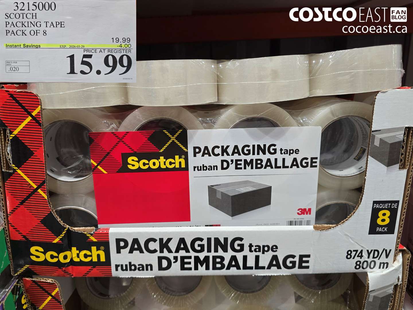 3215000 SCOTCH PACKING TAPE PACK OF 8 ($4.00 INSTANT SAVINGS EXPIRES ON 2026-03-29) $15.99