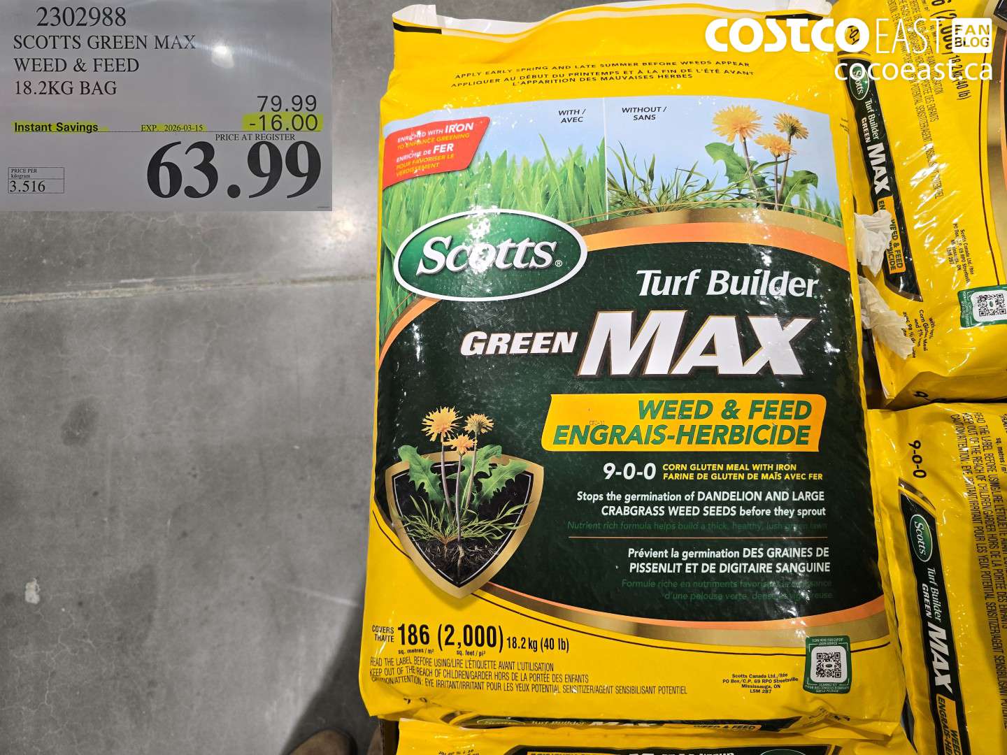 2302988 SCOTTS GREEN MAX WEED & FEED 18.2KG BAG ($16.00 INSTANT SAVINGS EXPIRES ON 2026-03-15) $63.99