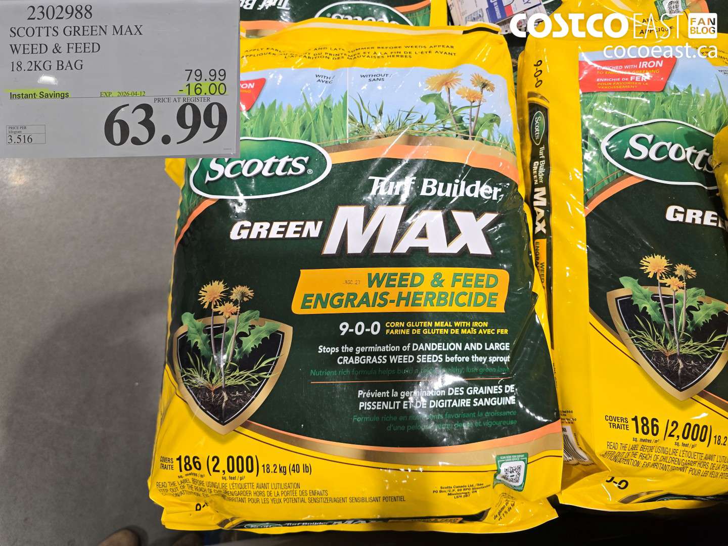 2302988 SCOTTS GREEN MAX WEED & FEED 18.2KG BAG ($16.00 INSTANT SAVINGS EXPIRES ON 2026-04-12) $63.99