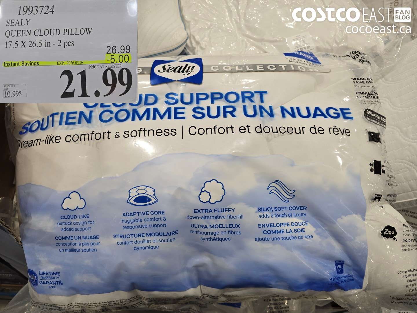 1993724 SEALY QUEEN CLOUD PILLOW 17.5 X 26.5 IN - 2 PCS ($5.00 INSTANT SAVINGS EXPIRES ON 2026-03-08) $21.99